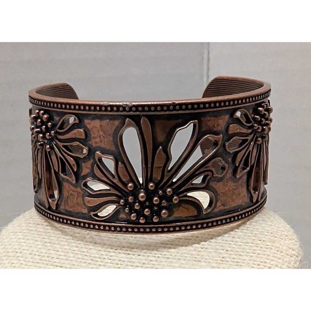 New Floral Cutout Cuff Bracelet Copper Tone Wide Band Daisy Flower Filigree Boho